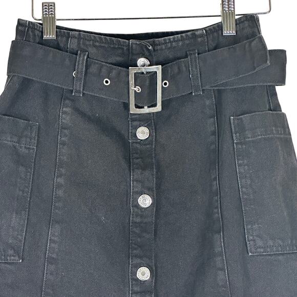 Topshop Mini Skirt Womens US 4 Black Jean Denim Belted Button Down Utility Goth - Picture 2 of 4